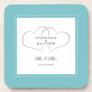 Aqua White Wedding Mr & Mrs Elegant Chic Hearts Getränkeuntersetzer