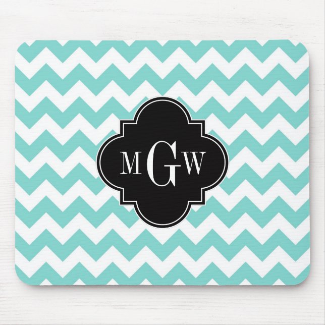 Aqua WhZickzack Black Quatrefolie 3 Monogramm Mousepad (Vorne)