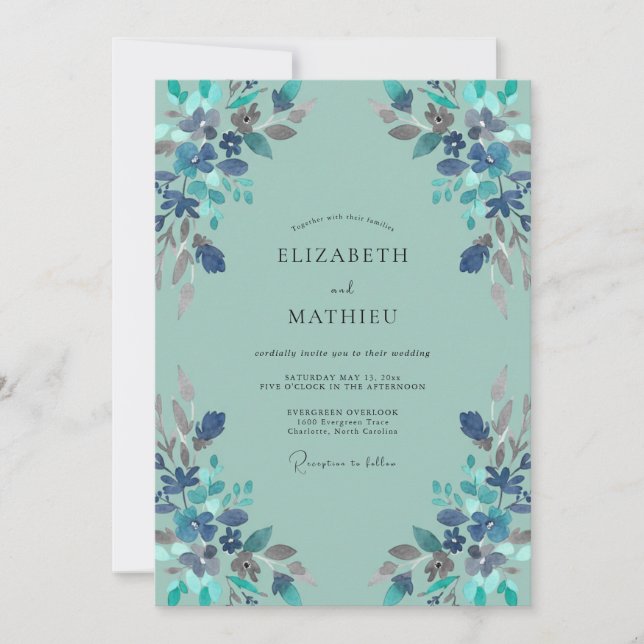 Aqua-Wildflower-Hochzeit Einladung (Vorderseite)