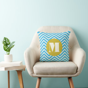 Aqua Yellow Ivory Monogram Modern Zig Zag Pillow Kissen
