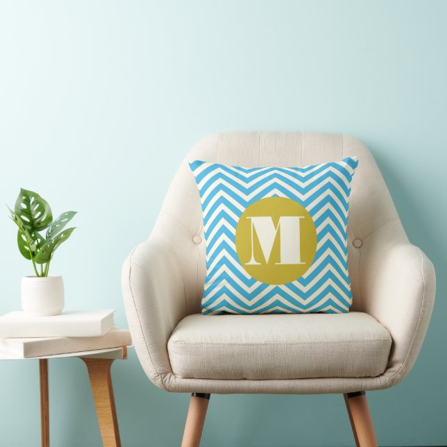 Aqua Yellow Ivory Monogram Modern Zig Zag Pillow Kissen (Stuhl )