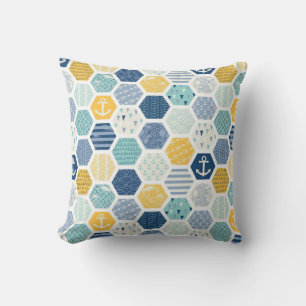 Aqua Yellow Nautical Coastal Tiles Pattern Kissen