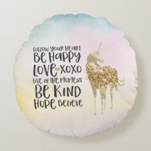 Aqua Yellow Pink Wasserfarbe Inspiration Einhorn Rundes Kissen