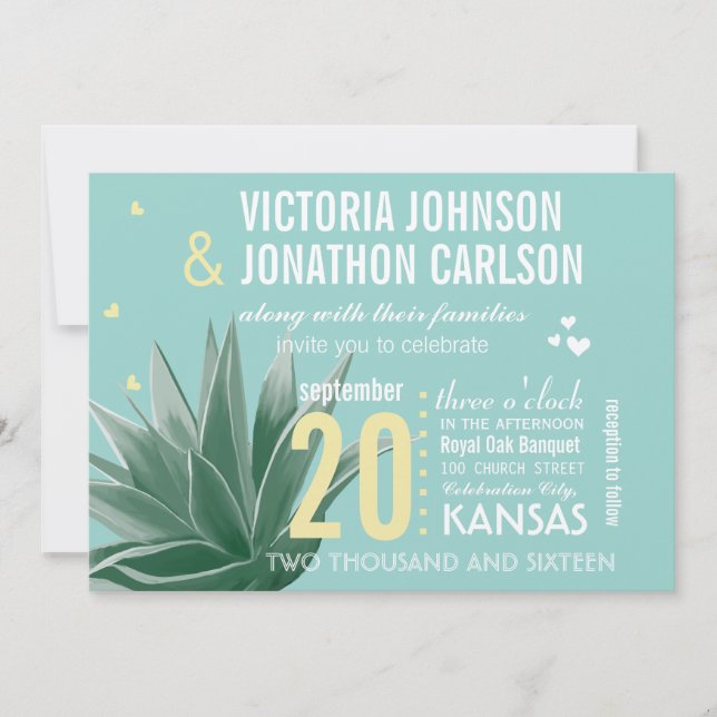 Aqua Yellow Succulent ModernTypografy Wedding Einladung (Vorderseite)