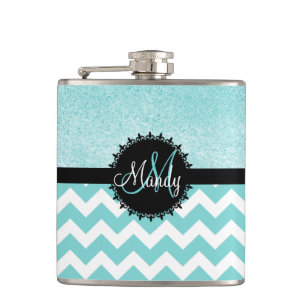Aqua-Zickzack Glitzer-Monogramm-Flasche Flachmann