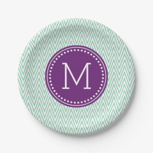 Aqua-Zickzack personalisiertes Monogramm Pappteller