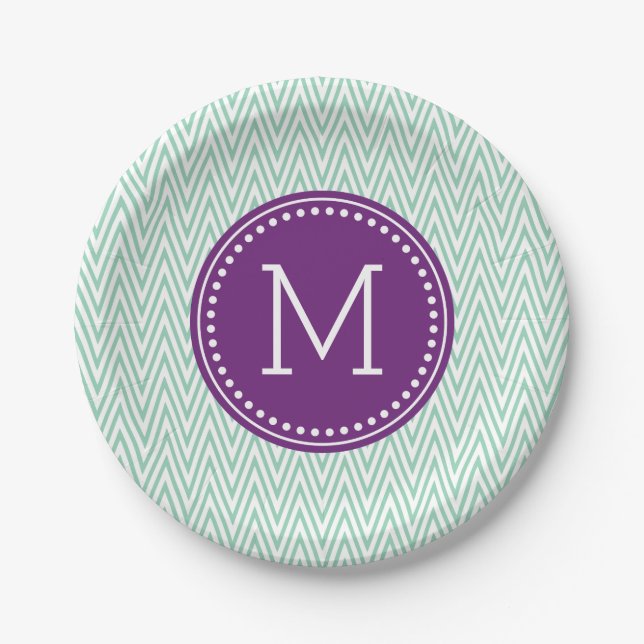 Aqua-Zickzack personalisiertes Monogramm Pappteller (Vorderseite)