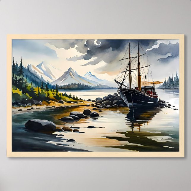 Aquakultur in den Wäldern Poster (Fishing Boat Painting Amidst River Rock and Forest)