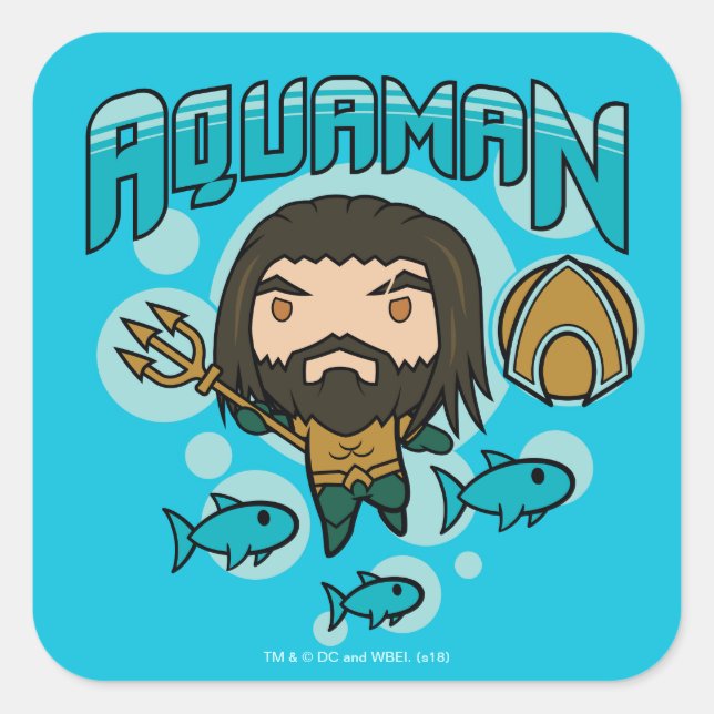 Aquaman | Chibi Aquaman unterseeische Grafik Quadratischer Aufkleber (Vorderseite)