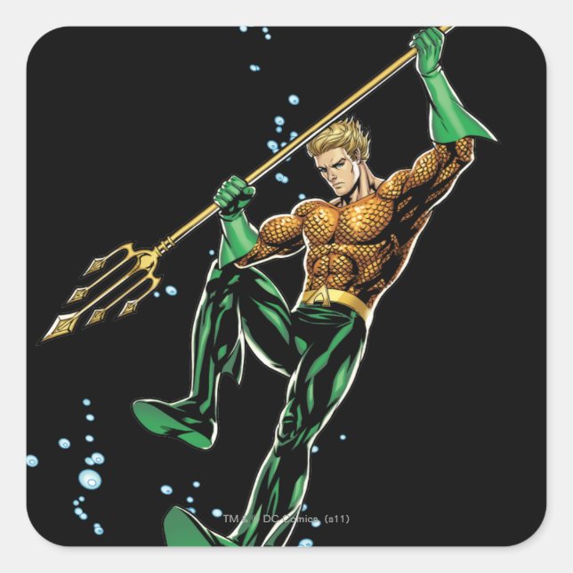 Aquaman mit Spear Quadratischer Aufkleber (Vorderseite)