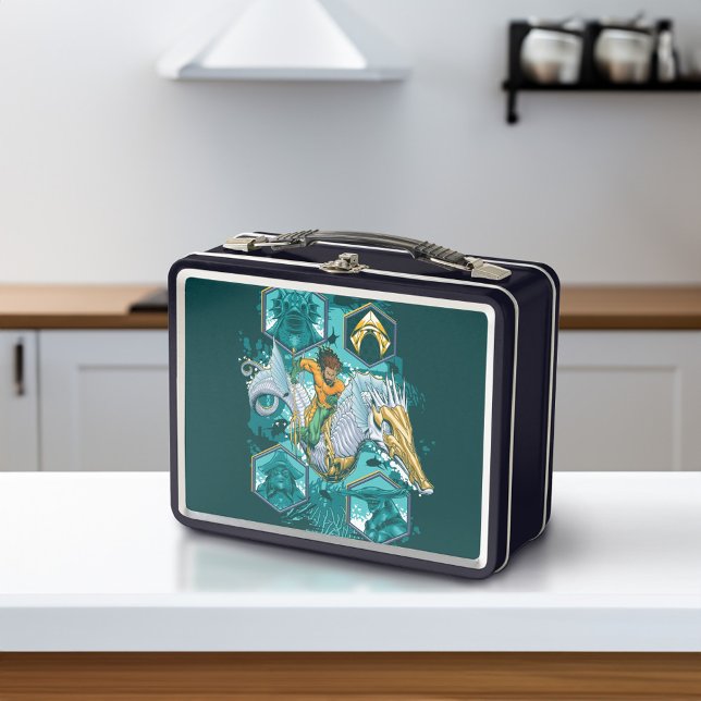 Aquaman Riding Seepferd über Kingdoms Metall Brotdose (Lunch box on counter)