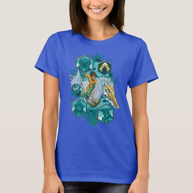 Aquaman Riding Seepferd über Kingdoms T-Shirt (Vorderseite)