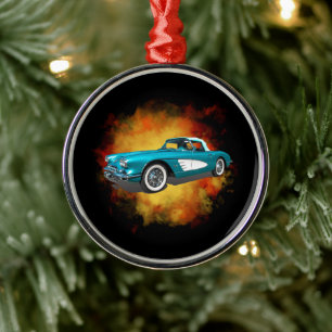 Aquamarin 59 Corvette Car Red Explosion Hintergrun Ornament Aus Metall