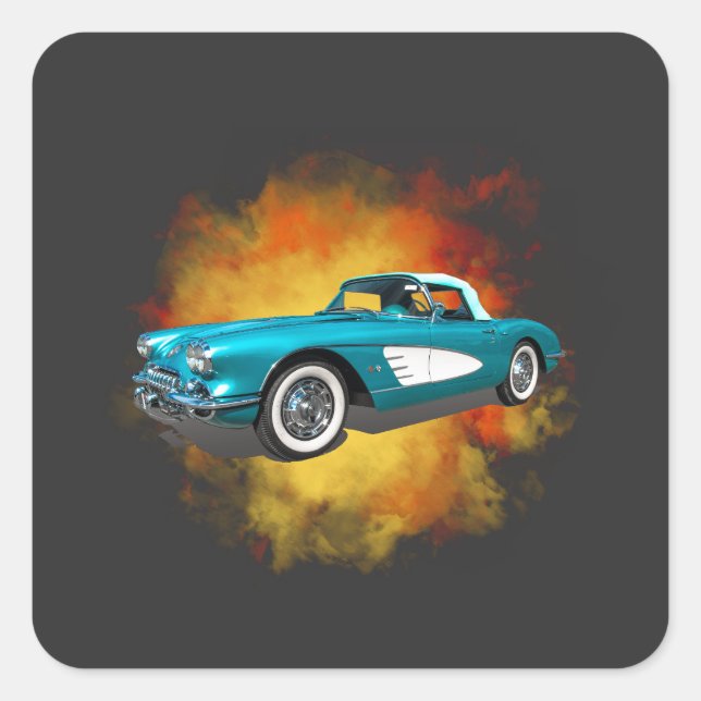 Aquamarin 59 Corvette Car Red Explosion Hintergrun Quadratischer Aufkleber (Vorderseite)