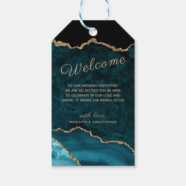 Aquamarin Agate Gold Glitzer Hochzeit Willkommen Geschenkanhänger (Vorderseite)