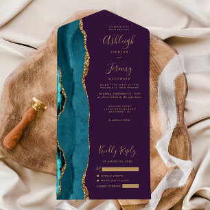 Aquamarin Agate Gold Glitzer Lila Hochzeit All In One Einladung