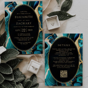 Aquamarin Agate Gold Oval Frame QR Code Hochzeit Einladung