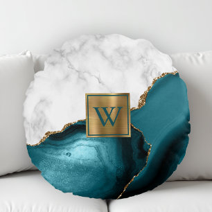 Aquamarin Agate Monogram Rundes Kissen
