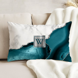 Aquamarin Agate Silver Glitzer Monogram aus weißem Dekokissen