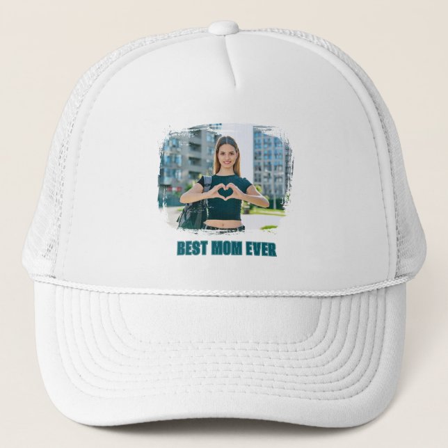 Aquamarin Alle Caps Beste Mama je Foto Truckerkappe (Vorderseite)