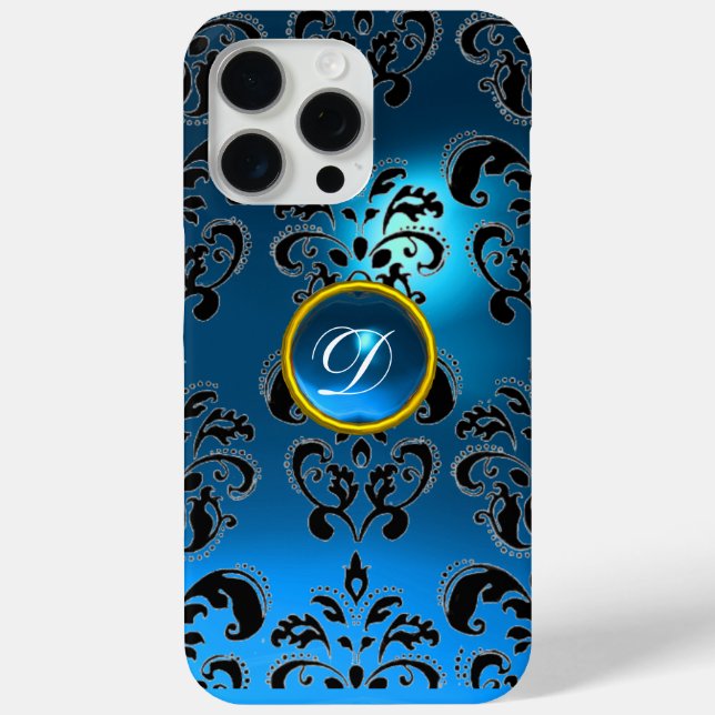 AQUAMARIN AQUA BLUE BLACK DAMASK GEMSTONE MONOGRAM Case-Mate iPhone HÜLLE (Rückseite)