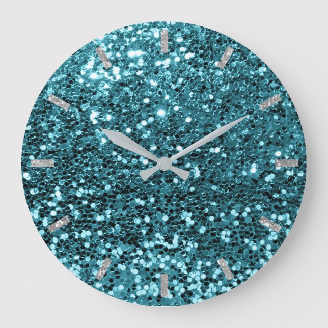 Aquamarin Aqua Blue Funkelnd Imitate Glitzer Grau Große Wanduhr (Vorderseite)