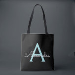 Aquamarin Aqua Blue Girly Script Monogram Name Mod<br><div class="desc">Schwarz und Aquamarin Aqua Blue Elegant Fügen Sie Ihren eigenen Namen Monogram Book Bag. Diese Büchertasche kann auf Ihren Vor- und Vornamen angepasst werden und als Geschenk für Weihnachten,  Geburtstag,  Brautparty oder Hochzeit.</div>