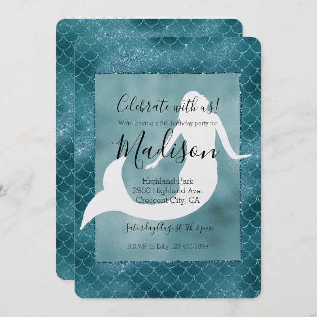 Aquamarin Aqua Blue Glitzer Sparkle Meerjungfrau Einladung (Vorne/Hinten)