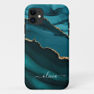 Aquamarin Aqua Blue Green Agate Geode Gold Monogra Case-Mate iPhone Hülle
