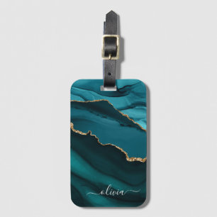 Aquamarin Aqua Blue Green Agate Geode Gold Monogra Gepäckanhänger