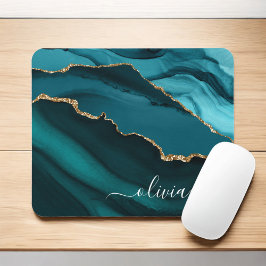 Aquamarin Aqua Blue Green Agate Geode Gold Monogra Mousepad