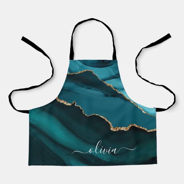 Aquamarin Aqua Blue Green Geode Gold Monogram Schürze (Vorderseite)