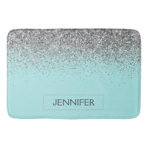 Aquamarin Aqua Blue Silver Glitzer Girl Monogram N Badematte