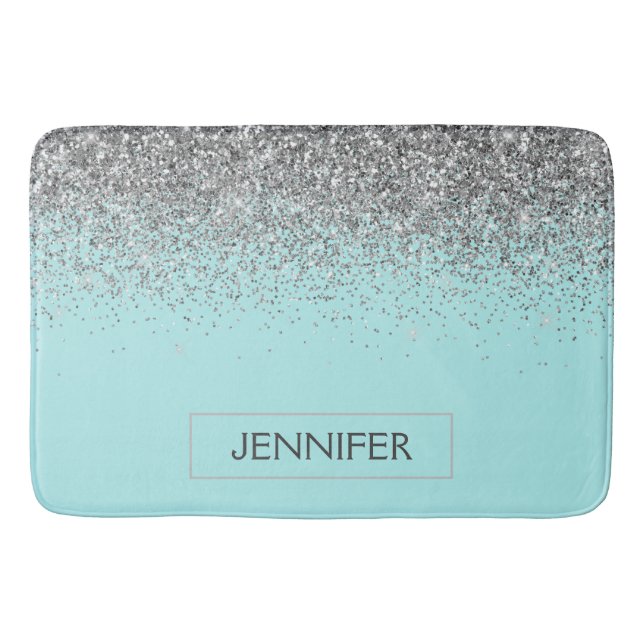 Aquamarin Aqua Blue Silver Glitzer Girl Monogram N Badematte (Vorderseite)