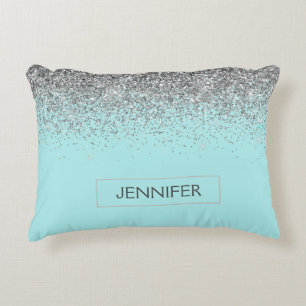 Aquamarin Aqua Blue Silver Glitzer Girl Monogram N Dekokissen