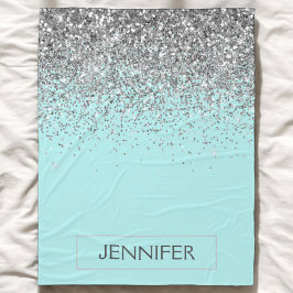 Aquamarin Aqua Blue Silver Glitzer Girl Monogram N Fleecedecke
