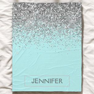 Aquamarin Aqua Blue Silver Glitzer Girl Monogram N Fleecedecke