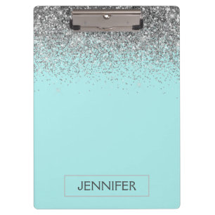 Aquamarin Aqua Blue Silver Glitzer Girl Monogram N Klemmbrett