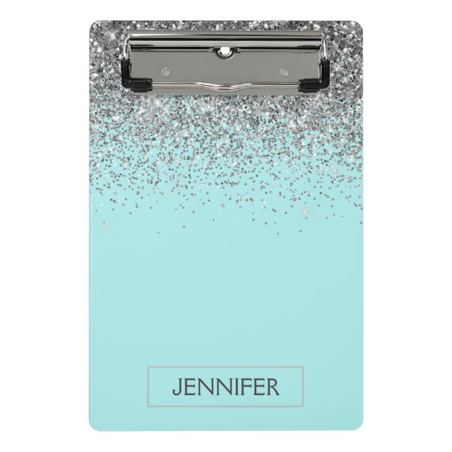 Aquamarin Aqua Blue Silver Glitzer Girl Monogram N Mini Klemmbrett (Vorderseite)