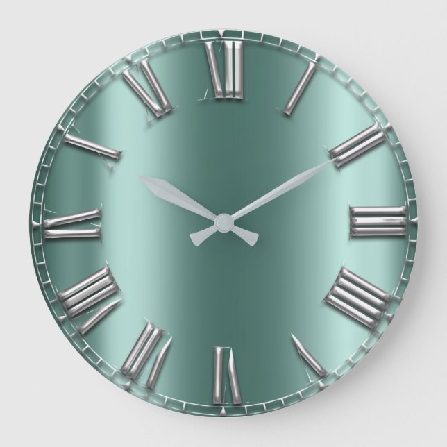 Aquamarin Aqua Mint Gray Gray Silver Roman Numbers Große Wanduhr (Vorderseite)