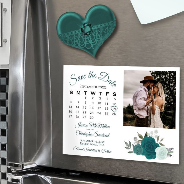 Aquamarin & Aqua Rose Kalender & Foto Save the Dat Magneteinladung (Magnetic for Easy Display!)