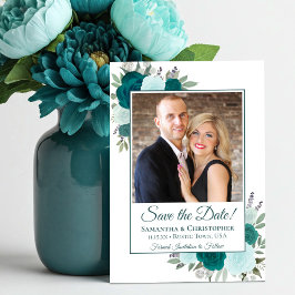 Aquamarin & Aqua Watercolor Boho Rose & Foto Hochz Save The Date
