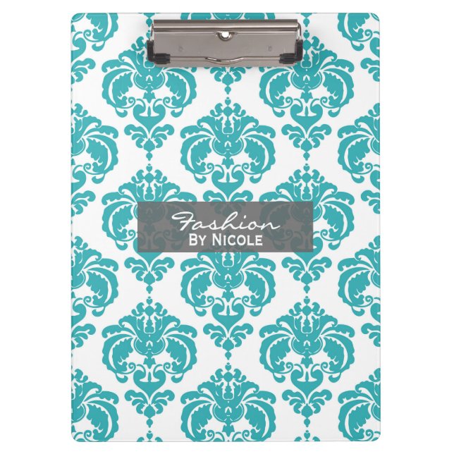 Aquamarin Aqua White Damask Chic Glam Personalisie Klemmbrett (Vorderseite)