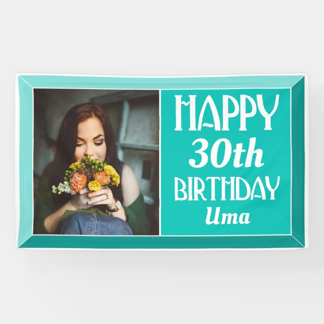 Aquamarin Art Deco Beveled Foto Geburtstag Banner (Horizontal)