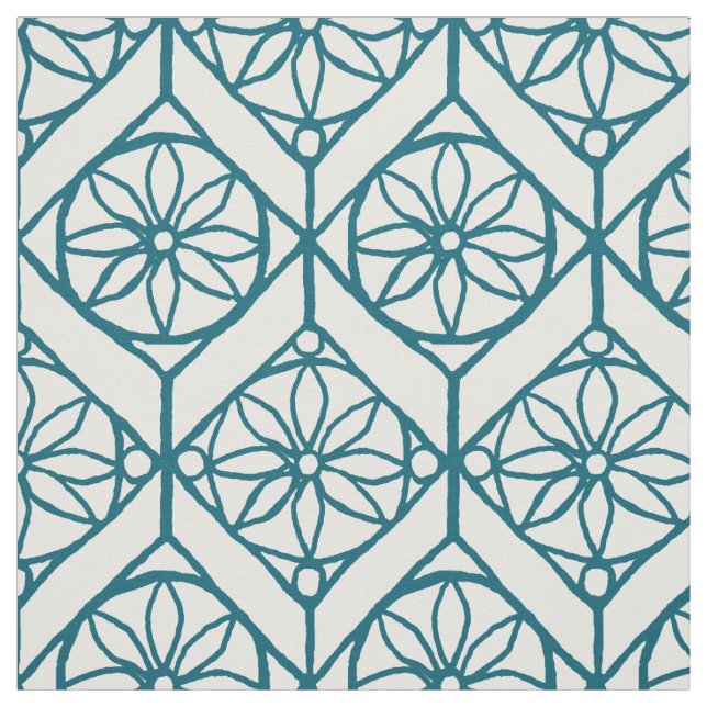 Aquamarin auf weißem ethnischem Muster, Blume, Che Stoff (Muster)