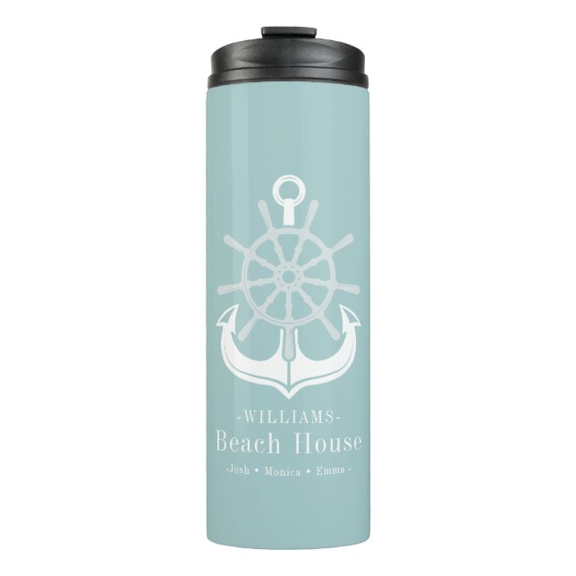Aquamarin Beach House Familienname Anchor Thermosbecher (Vorderseite)