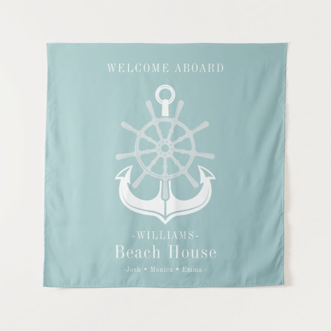 Aquamarin Beach House Familienname Anchor Wandteppich (Vorderseite)