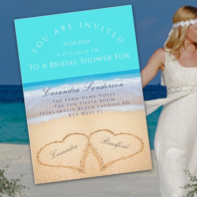 Aquamarin Beach Wedding 2 Herz Sand Brautparty Einladung (Von Creator hochgeladen)