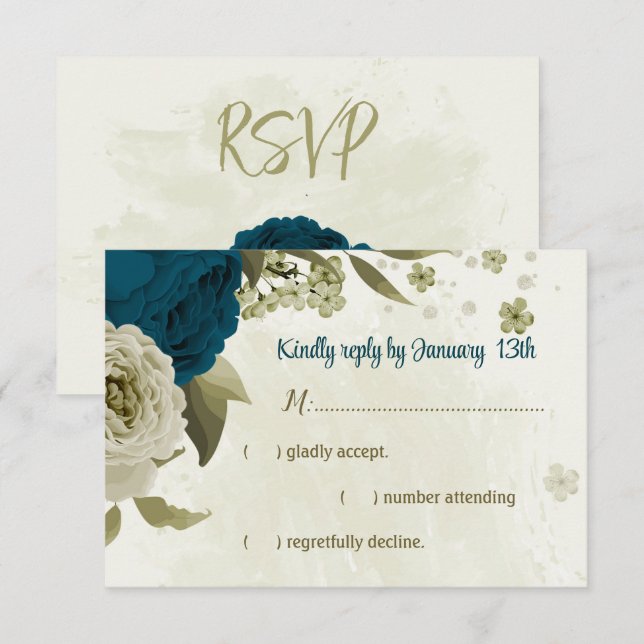 aquamarin-beige-Blume botanische Hochzeit RSVP Karte (Vorne/Hinten)