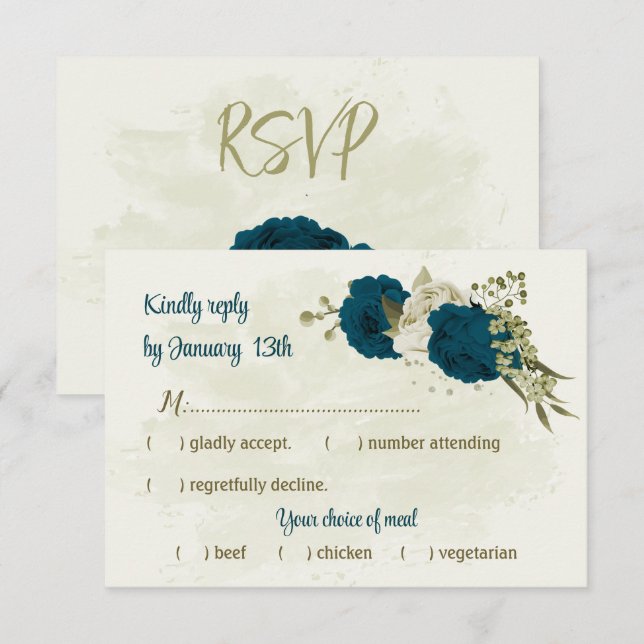 aquamarin-beige-Blume botanische Hochzeit RSVP Karte (Vorne/Hinten)